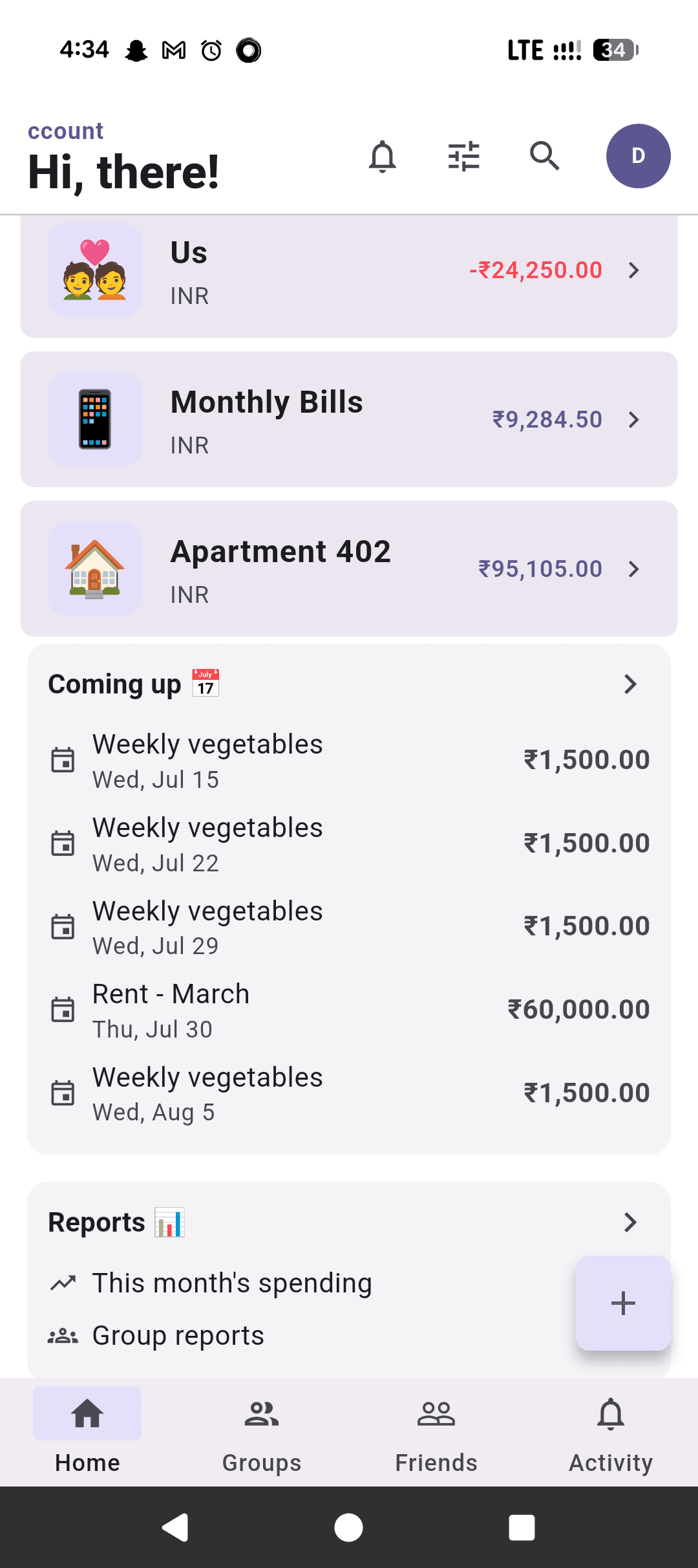 A group named "Us" with a heart icon, alongside Monthly Bills and Apartment 402