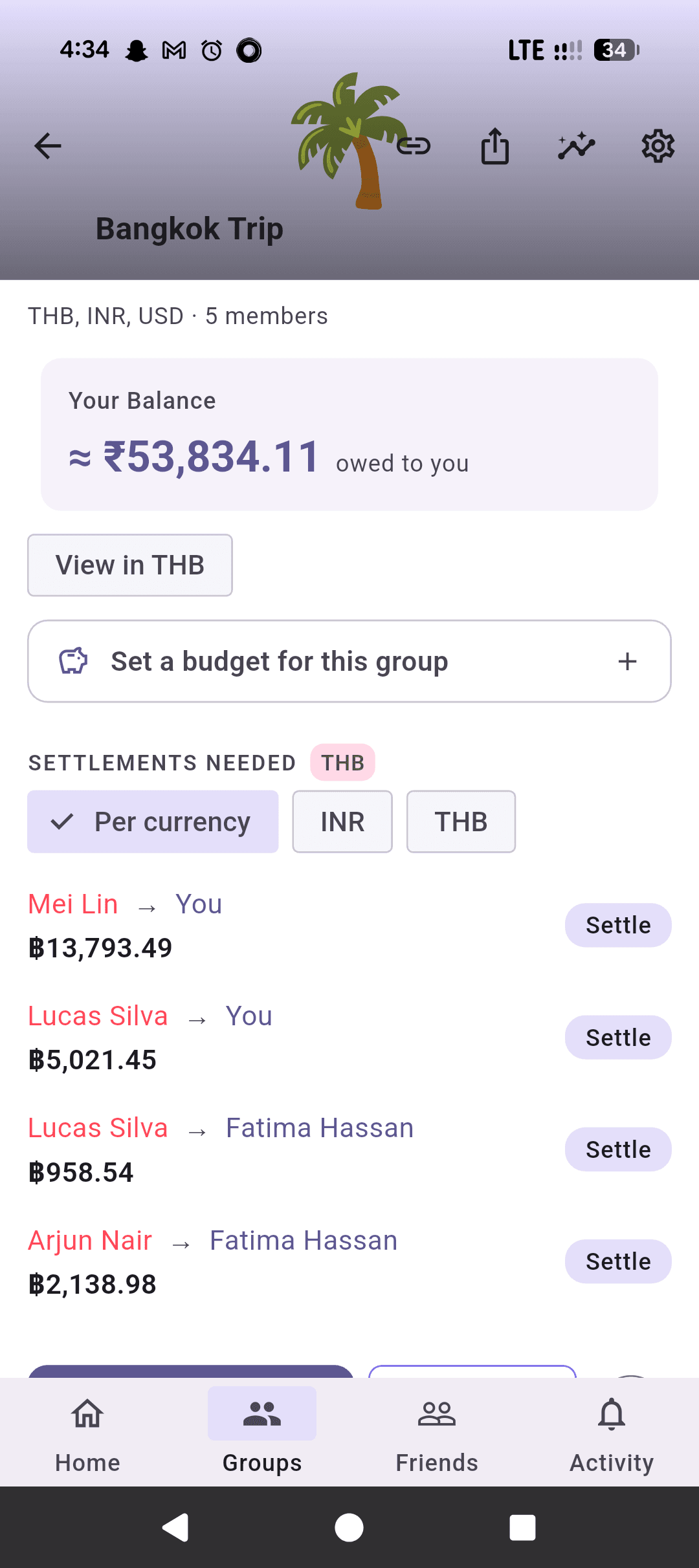 Bangkok Trip group showing balances owed in Thai baht and a list of settlements needed