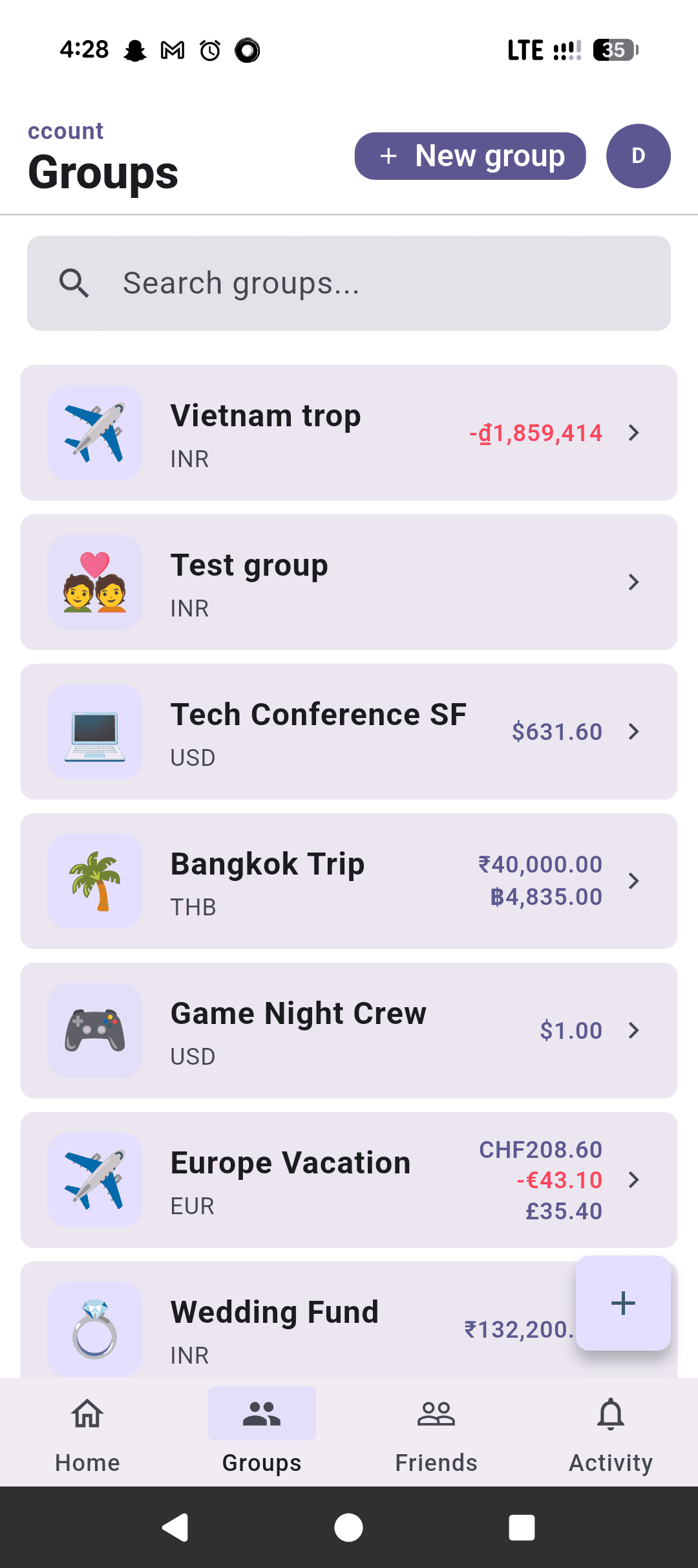 List of groups, each with its own emoji and currency