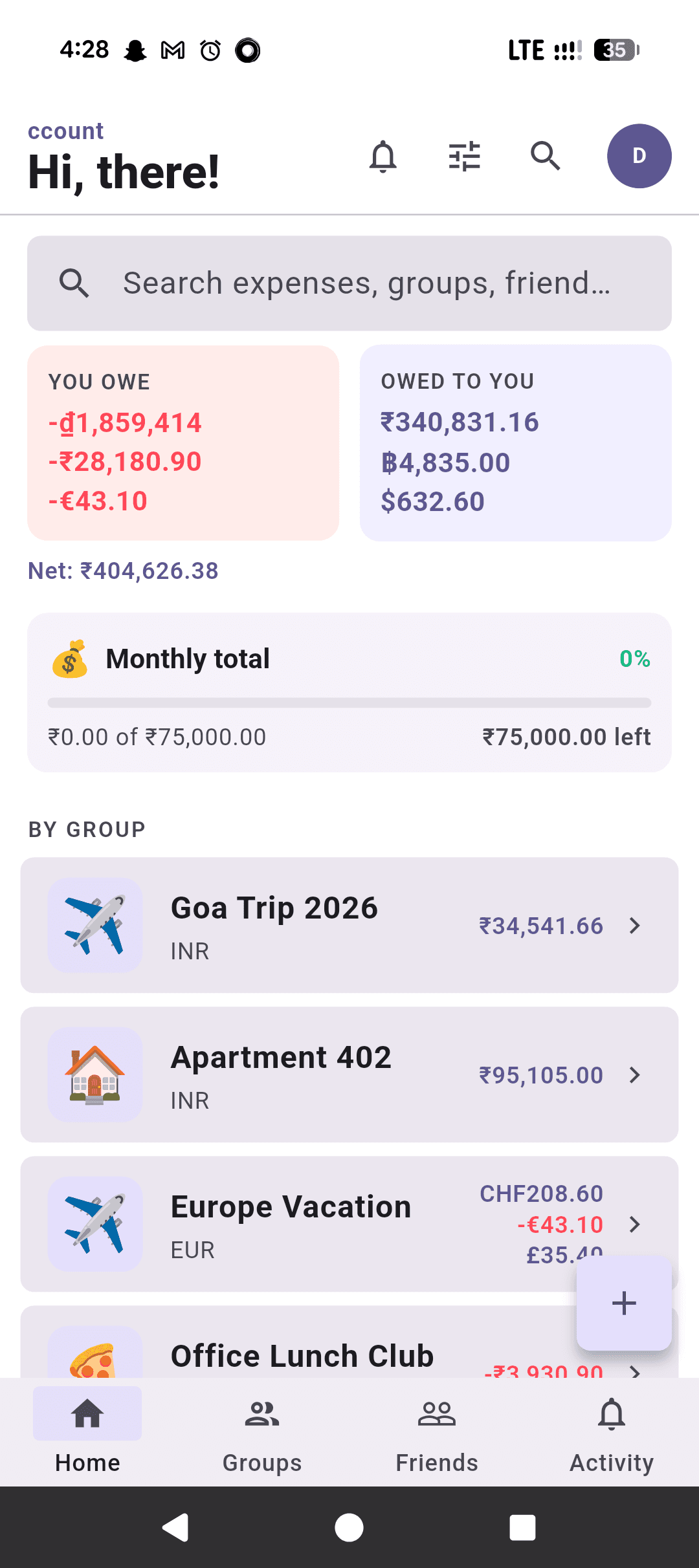 ccount home screen showing amounts owed, a monthly budget bar, and a list of groups