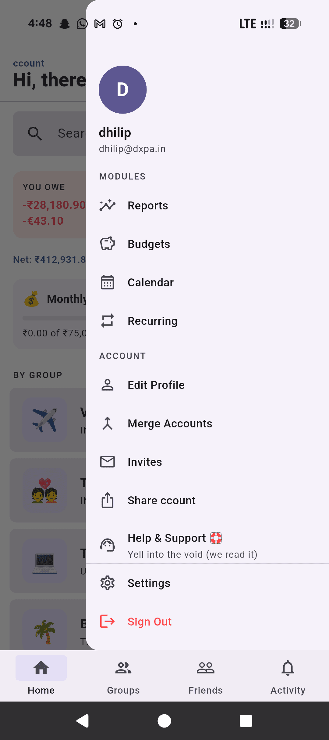 Side menu with Reports, Budgets, Calendar, and Recurring modules