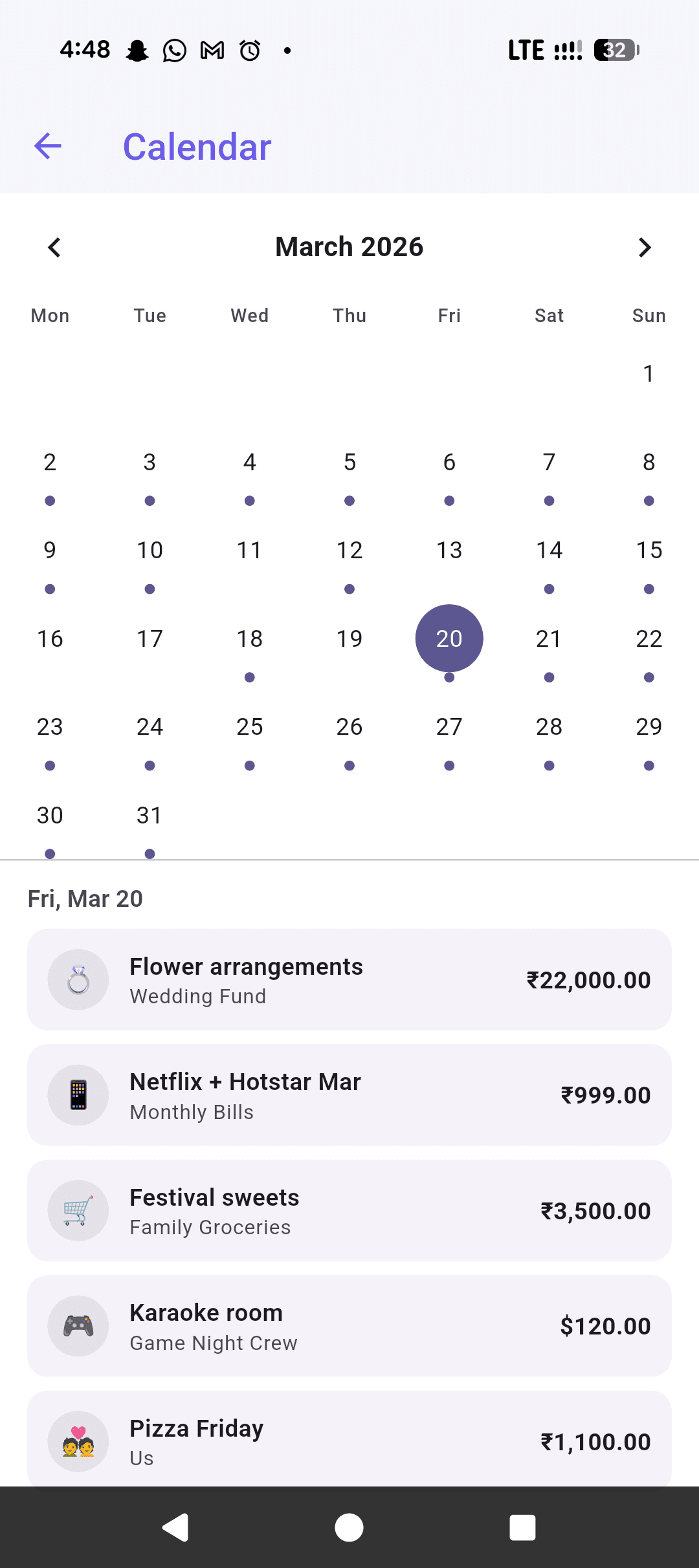Calendar view with expenses plotted on the days they happened