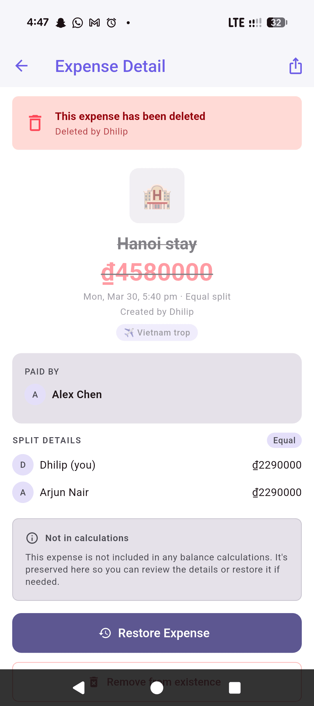 A deleted expense with a Restore Expense button — nothing is gone for good