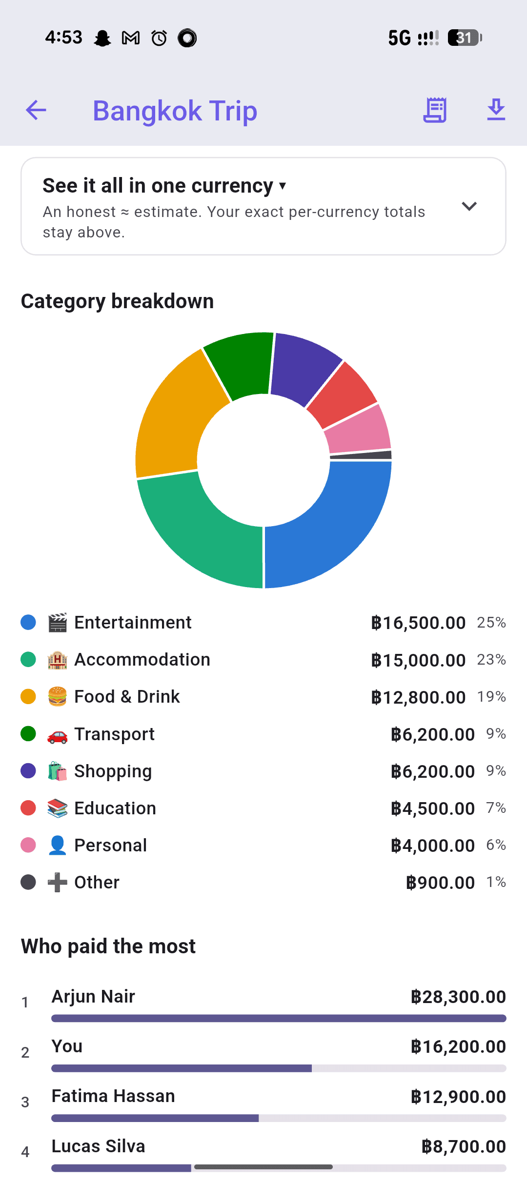 Category breakdown donut chart for a group, with who-paid-the-most ranking