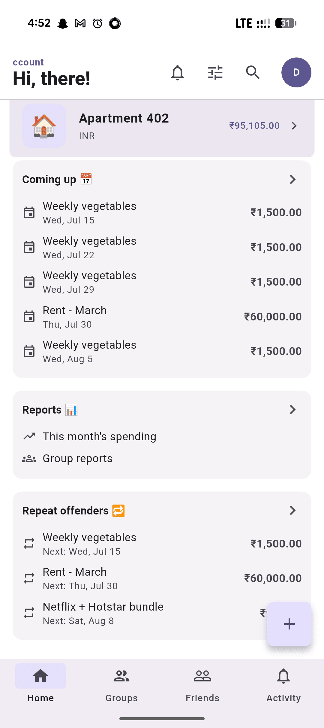 Home screen widget listing upcoming recurring expenses like rent and weekly groceries