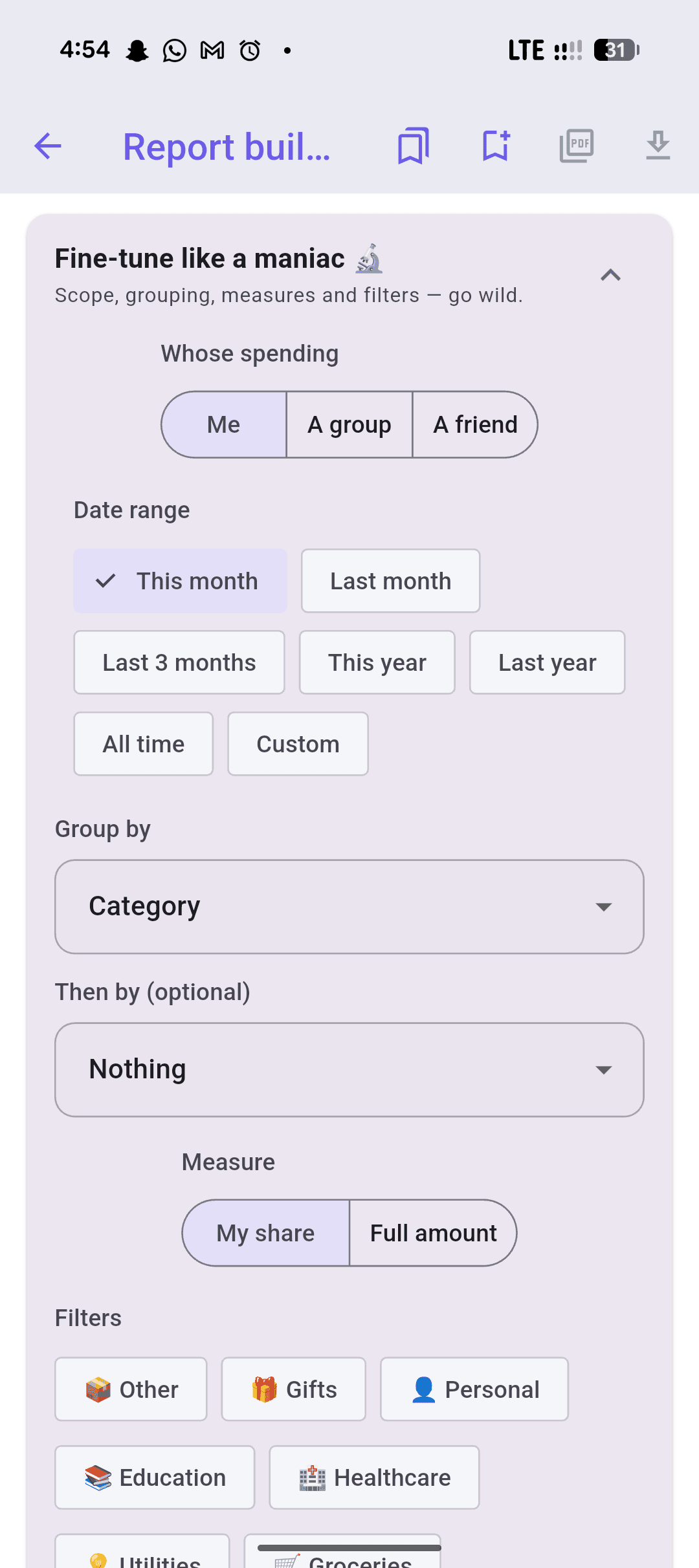 Custom report builder with scope, date range, grouping, and filters