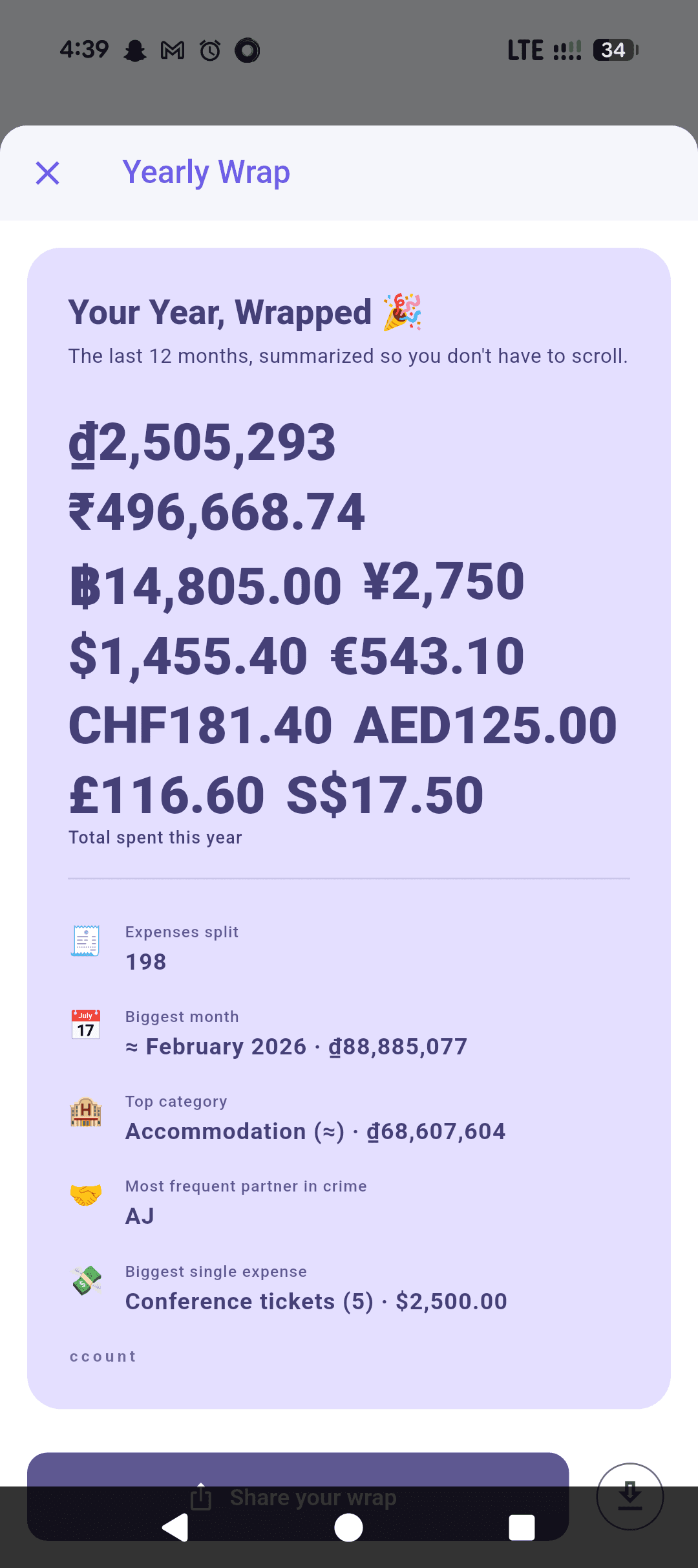 Yearly Wrap — a shareable recap card of the year in expenses